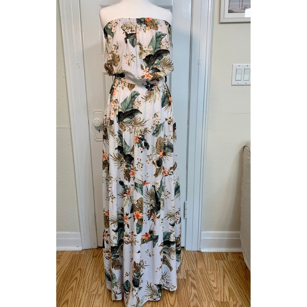 Rip Curl Strapless Tropical Floral Maxi Dress White Boho Beach Vacation / XL